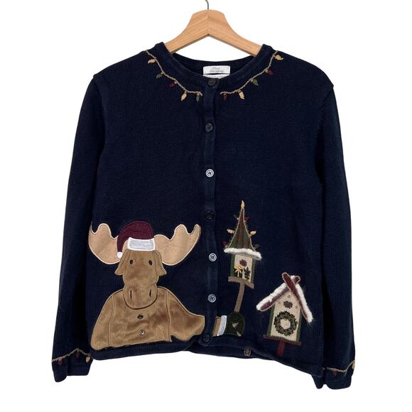 VTG Christopher & Banks Women's Small Navy Hand Embroidered Christmas Cardigan - Picture 1 of 12